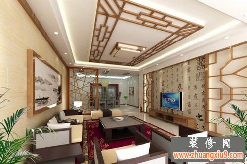 中式古典客厅电视背景墙装修效果图木质花纹呈